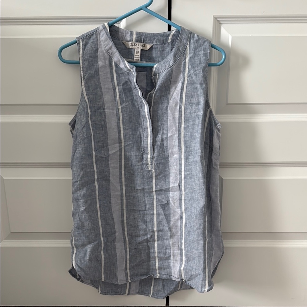 Ellen Tracy Blue and White Mandarin Collar Blouse